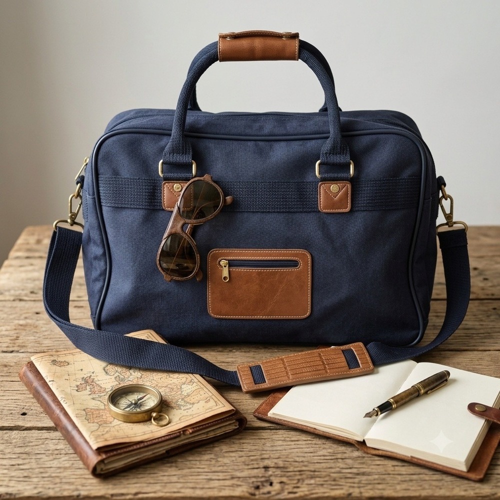 Vintage Jaguar Navy Blue Canvas Duffel Bag Weekender Carry-On Luggage w/ Strap